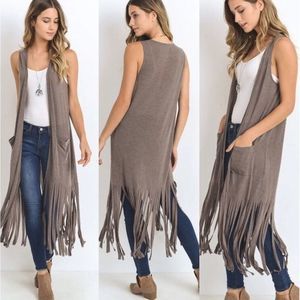 Long Fringe Duster Vest Mocha Brown Szie Small